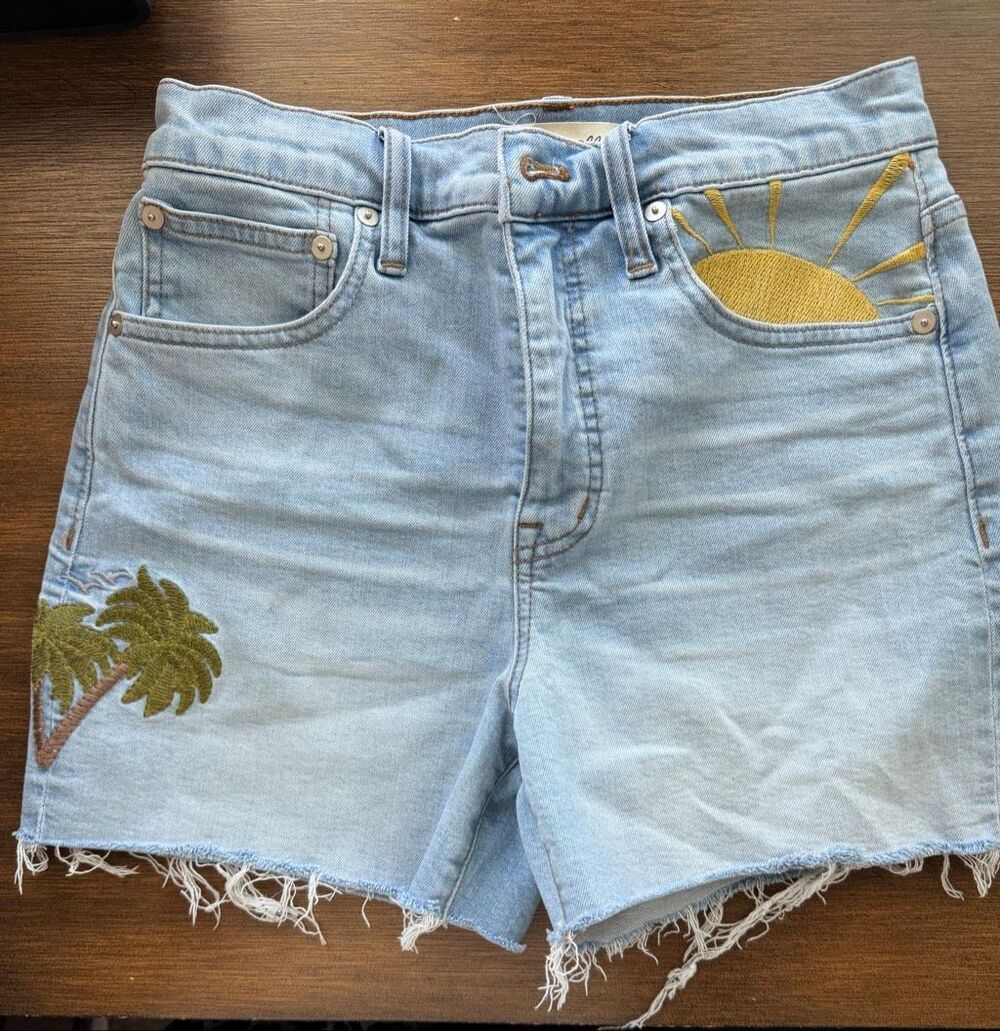 Madewell Sun & Palm Tree Embroidered High-Rise Denim Cutoff Shorts Size 25